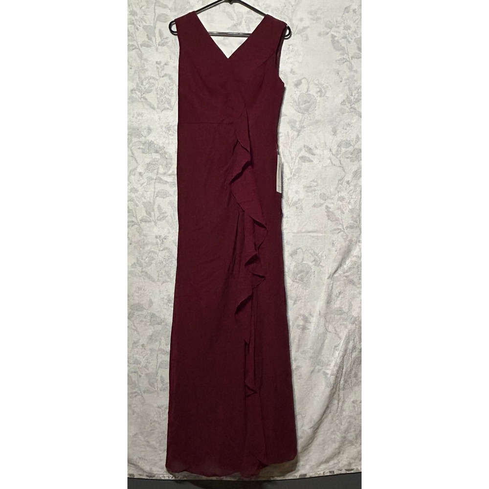 Burgundy Lace Up Back Sleeveless V Neck Ruffle Maxi Dress Formal Evening Gown